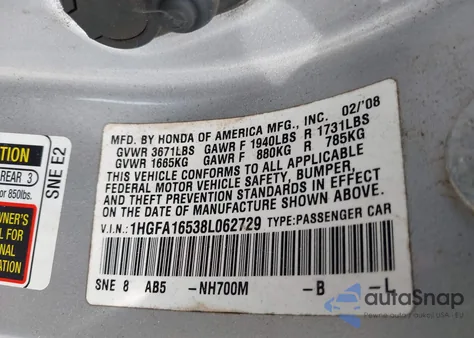2008 Honda Civic Lx from USA, damaged, VIN 1HGFA16538L062729